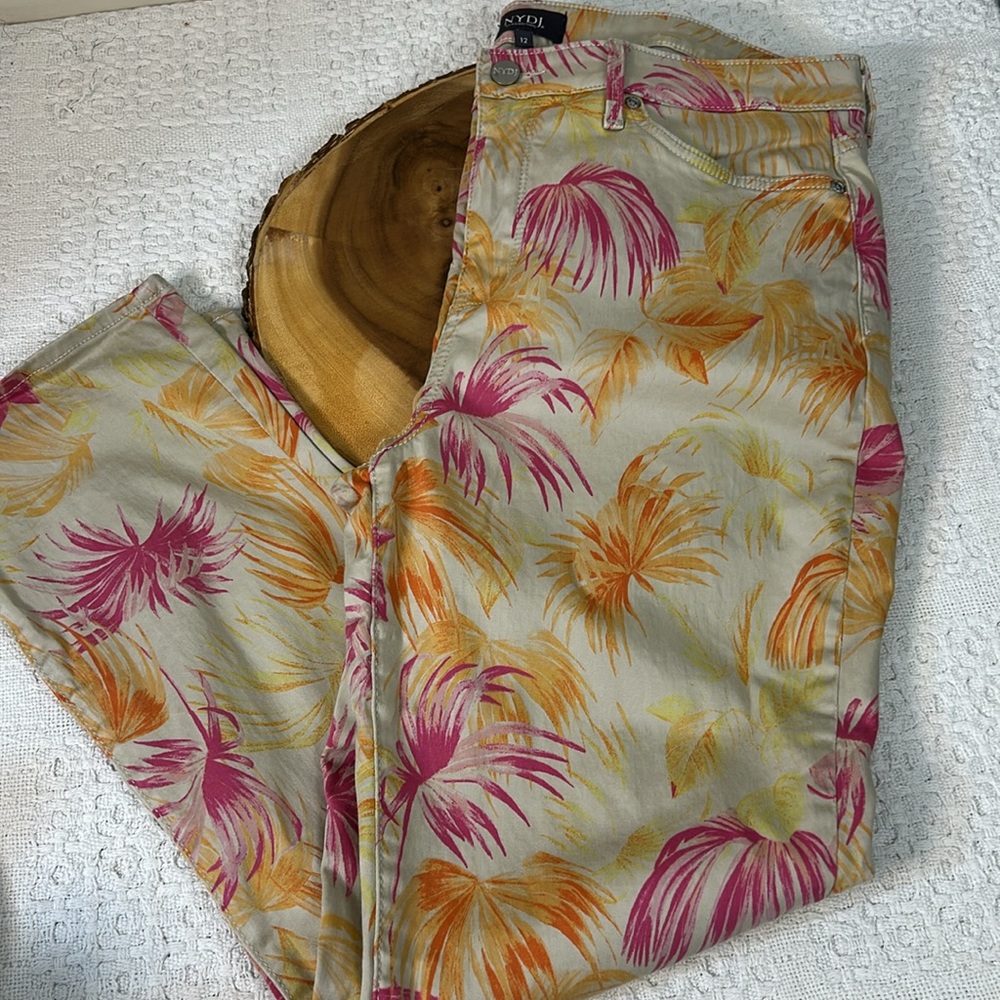 NYDJ Womens Beige Pink Tropical‎ Ankle Jeans  Tummy-Control Stretch Size 12